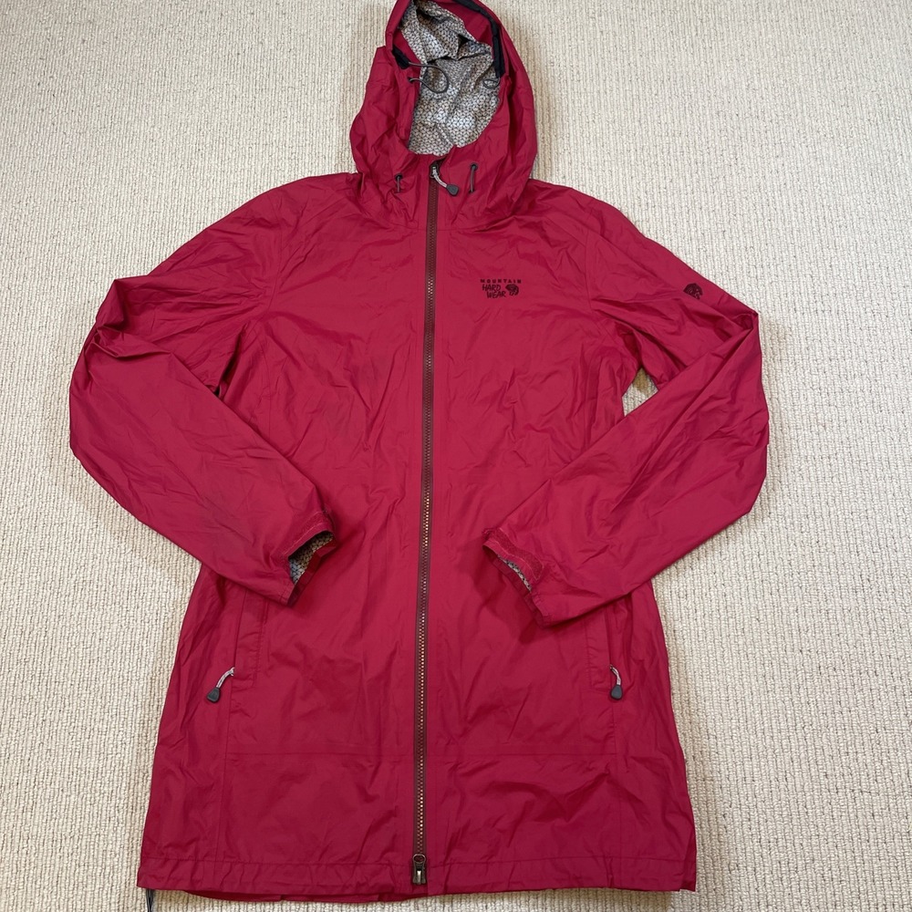 Mountain Hardwear Rain Mid Length Jacket Hooded Shell Full Zip Pink Red